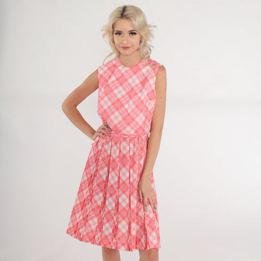 60s Pink Plaid Mini Dress Sleeveless High Waist Pleated Sundress Extra Small
