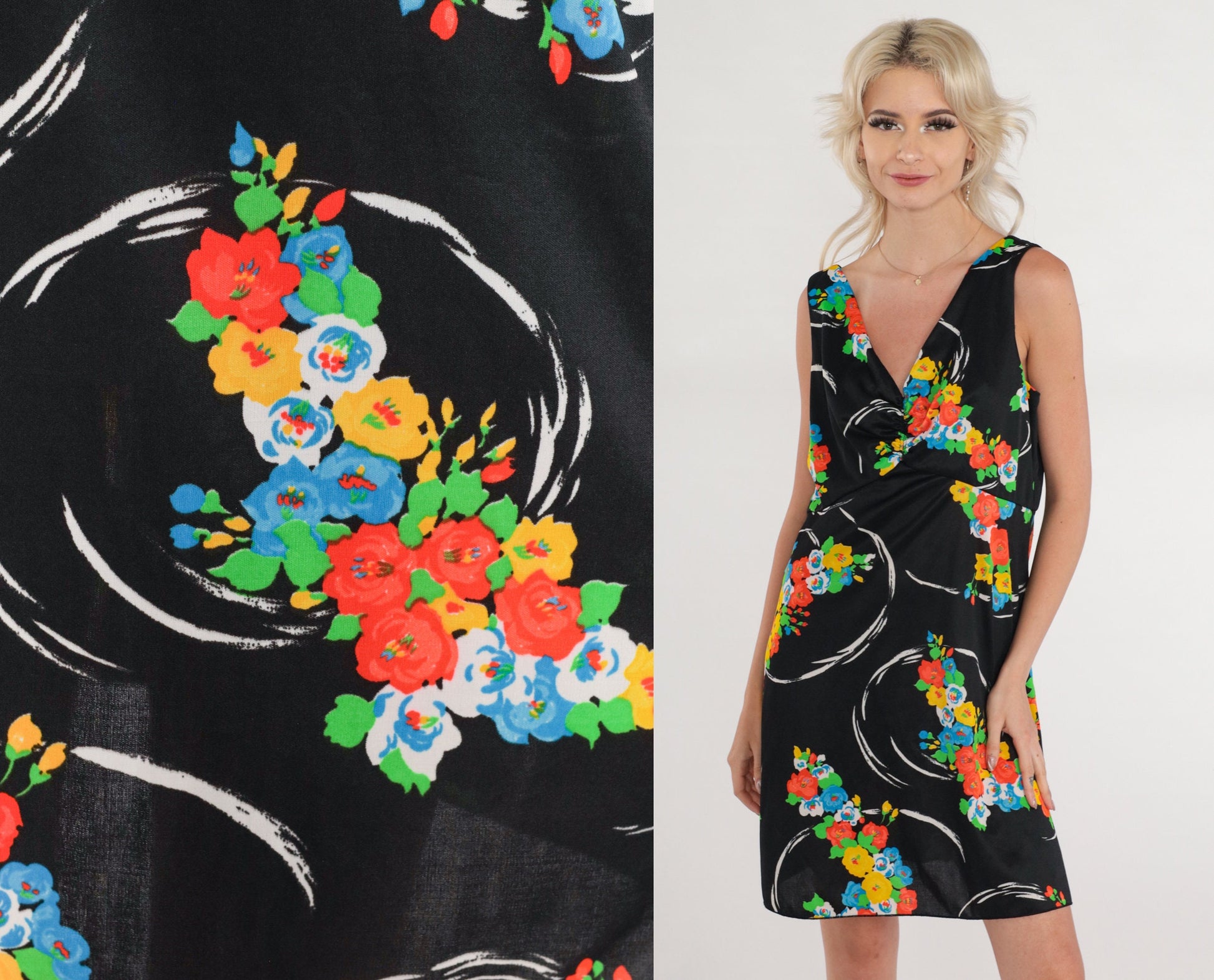 70s Black Floral Mini Dress Sleeveless V-Neck Empire Waist Medium M