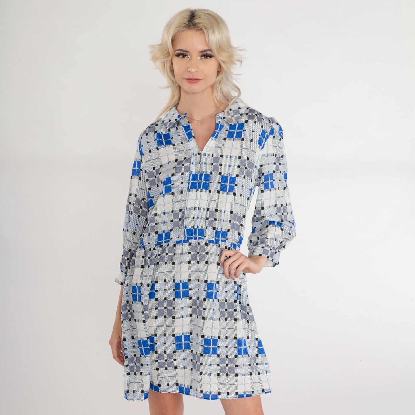 70s Jonathan Martin Plaid Mini Dress Grey Blue Puff Sleeve Keyhole Medium