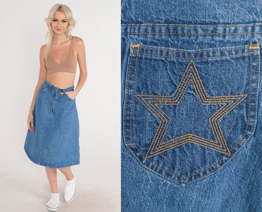 80s Blue Denim Midi Skirt A-Line High Waist Star Pocket Small