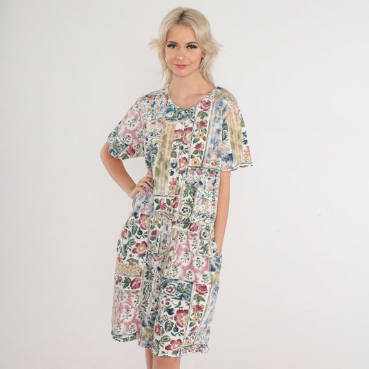 90s New Look Floral Button-Up Romper Knee-Length Wide Leg Cotton Medium M