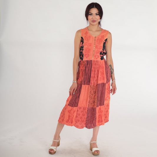 90s Indian Embroidered Patchwork Midi Dress Floral Plaid Rayon Sleeveless Medium