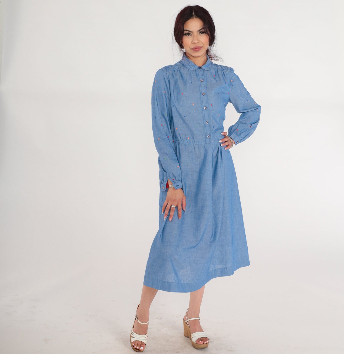 70s Blue Chambray Polka Dot Midi Dress Peter Pan Collar High Waisted Medium Large
