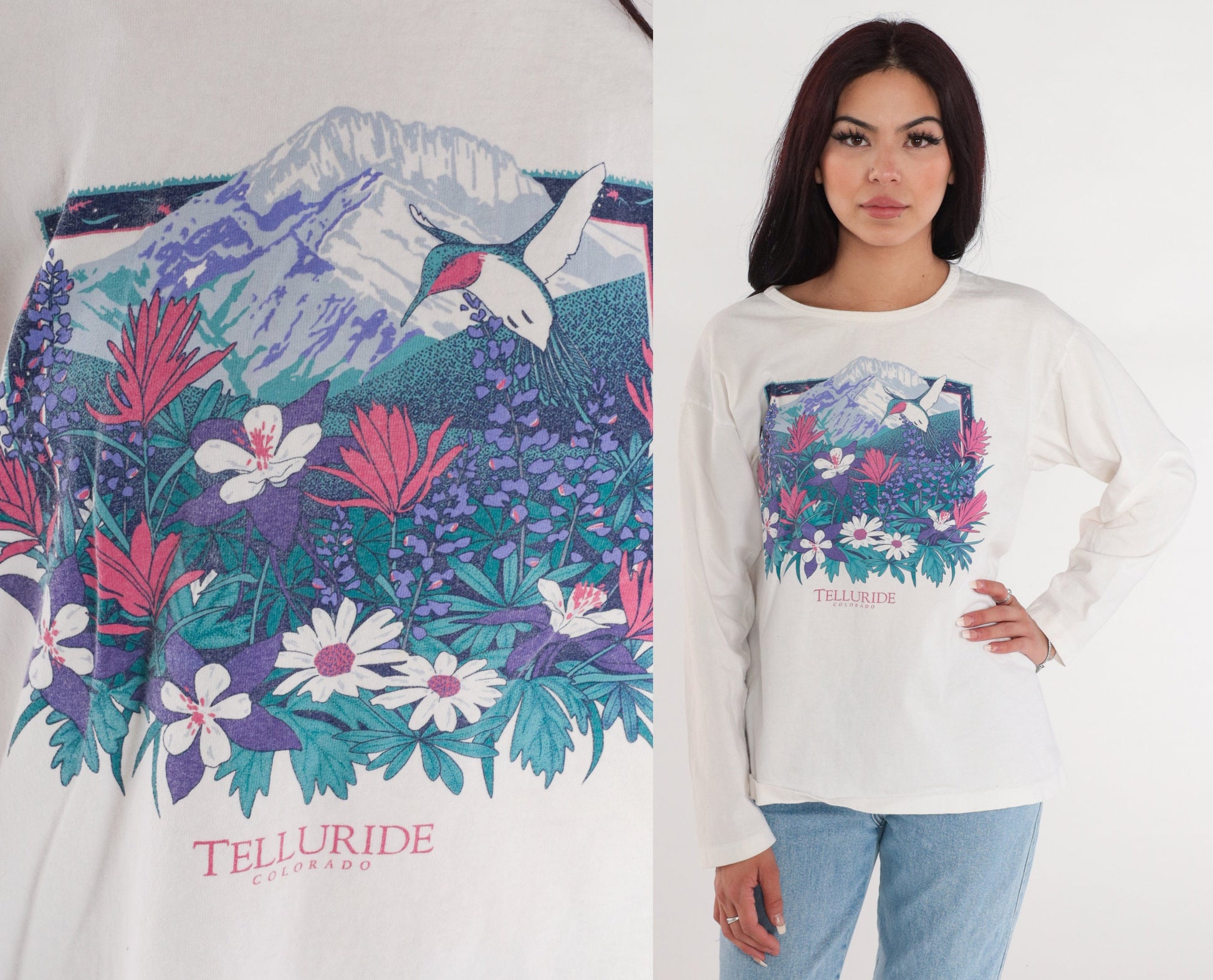 90s Telluride Hummingbird Columbine Graphic Long Sleeve Tee White Large L