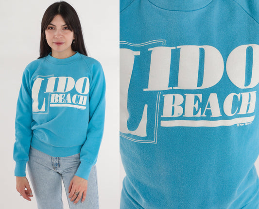 80s Lido Beach Sarasota Florida Raglan Sweatshirt Blue Graphic Small