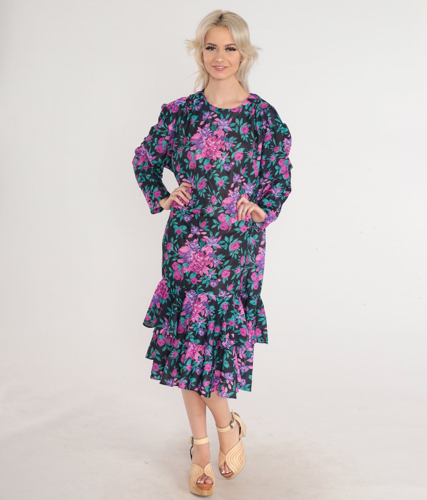 80s Floral Midi Dress Puff Sleeve Tiered Ruffle Black Pink Purple Plus Size 24