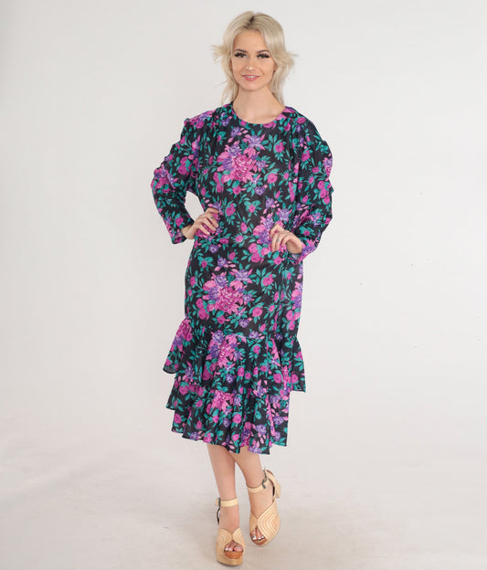 80s Floral Midi Dress Puff Sleeve Tiered Ruffle Black Pink Purple Plus Size 24