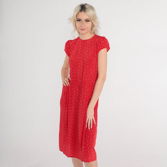 80s Red Sailboat Print Midi Dress Cap Puff Sleeve High Waist Extra Small