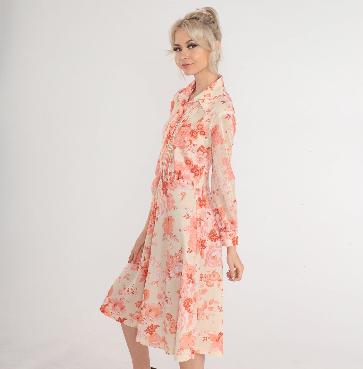70s Floral Shirtwaist Midi Dress Cream Pink Rose Print Button Up Small