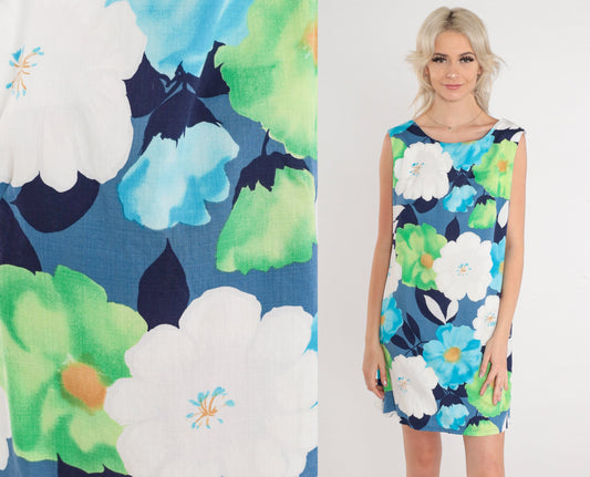 60s Floral Mod Mini Shift Dress Sleeveless Blue Green White Medium M