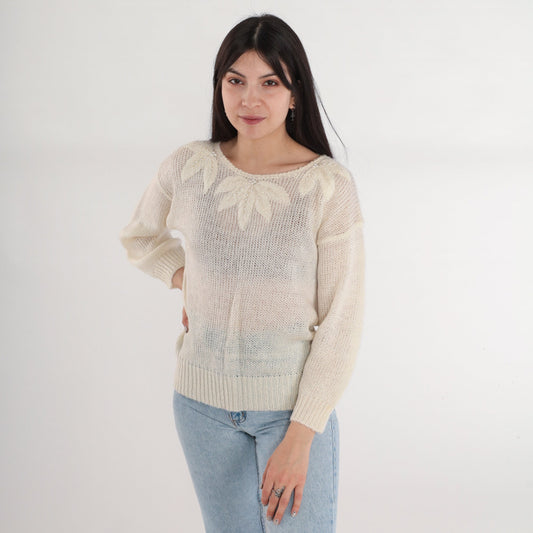 80s Pearl Beaded Off-White Knit Sweater Leaf Embroidered Pullover Medium
