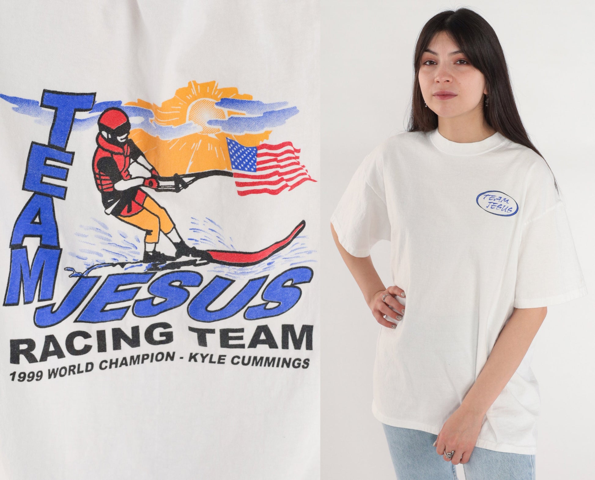 90s Team Jesus Water Skiing Graphic T-Shirt White Cotton Large