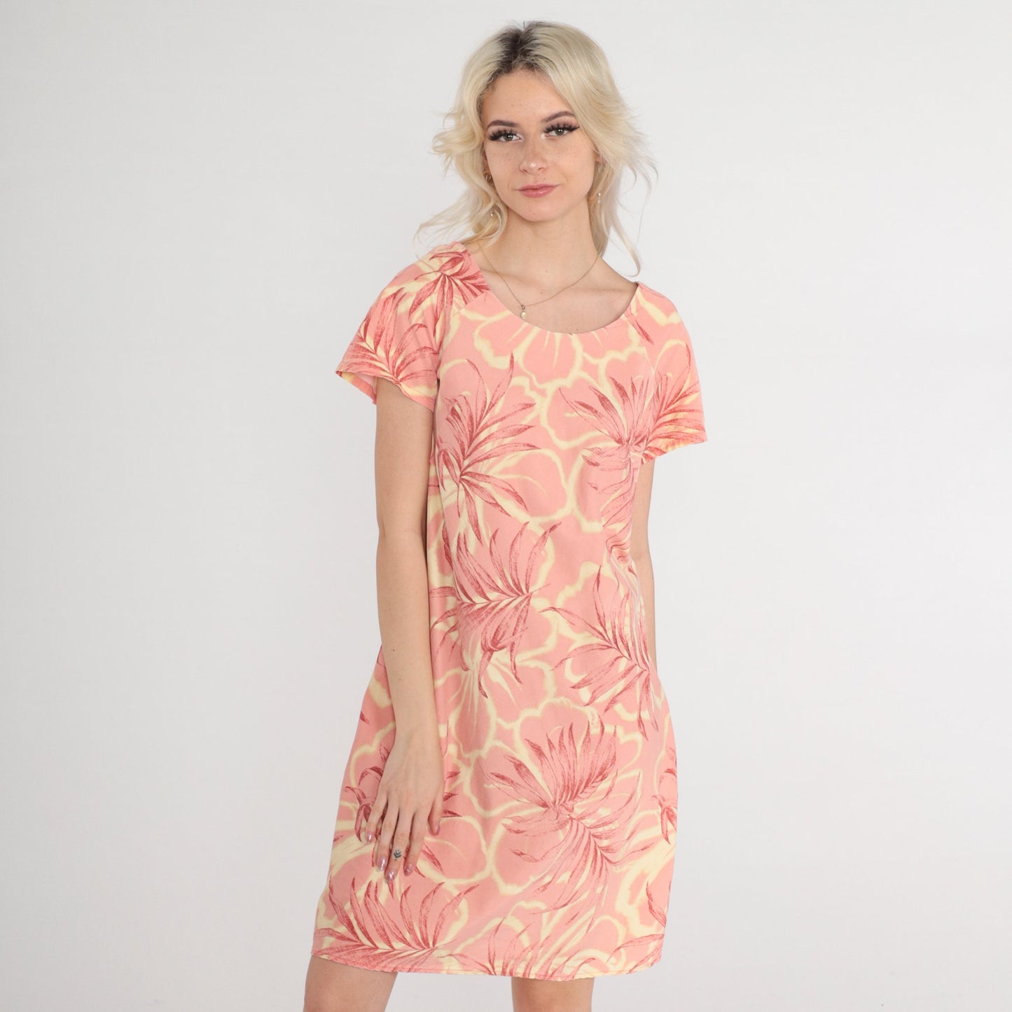 Y2K Iolani Tropical Floral Mini Dress Pink Short Sleeve Shift Small S
