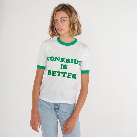80s Stoneridge is Better Ringer Tee White Green Graphic T-Shirt Extra Small