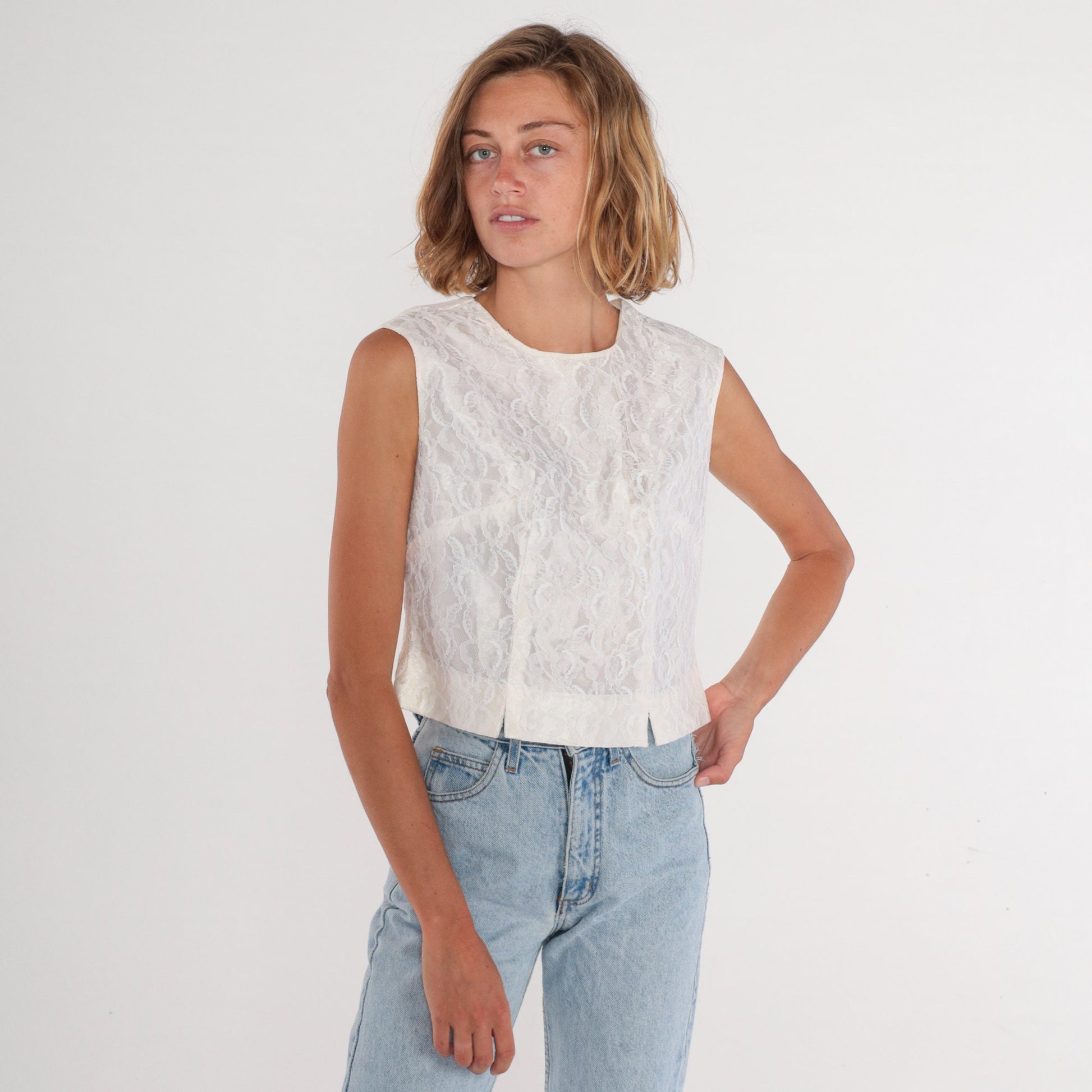 60s White Lace Crop Tank Top Sleeveless Blouse Button Back Medium