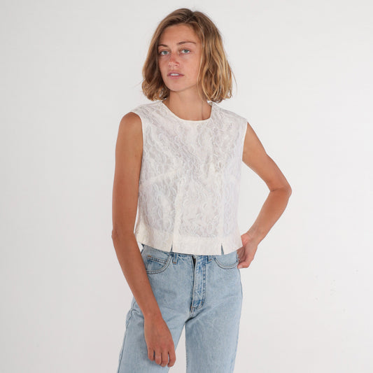 60s White Lace Crop Tank Top Sleeveless Blouse Button Back Medium