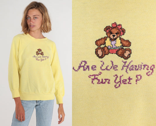 80s Teddy Bear Sweatshirt Yellow Raglan Graphic Crewneck 1X