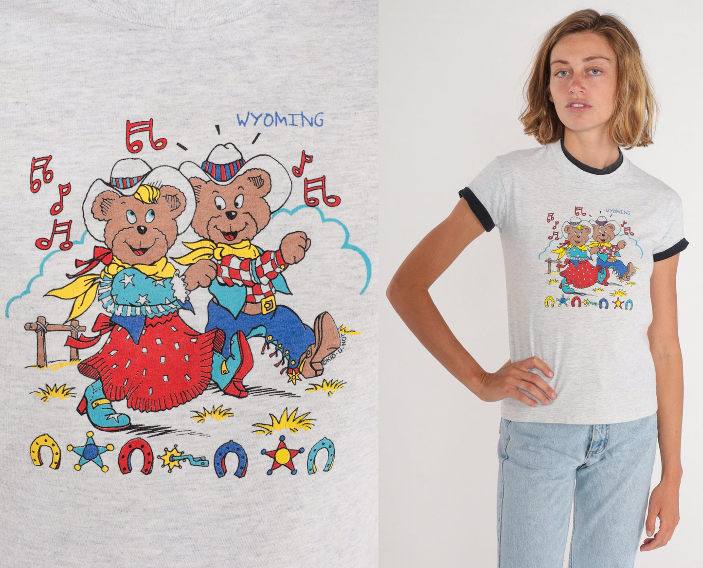 90s Wyoming Cowboy Teddy Bear Graphic T-Shirt Heather Grey Cuffed Sleeve XXS