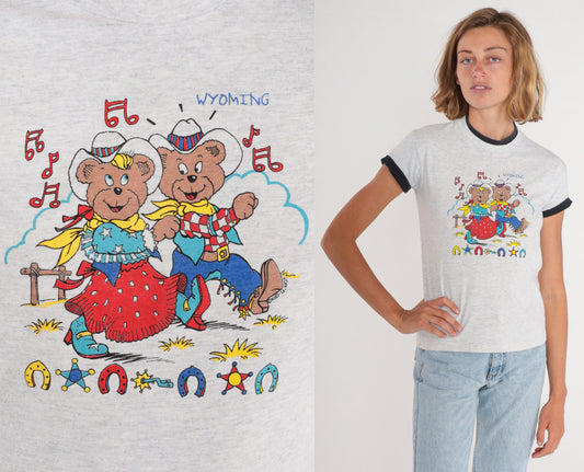 90s Wyoming Cowboy Teddy Bear Graphic T-Shirt Heather Grey Cuffed Sleeve XXS
