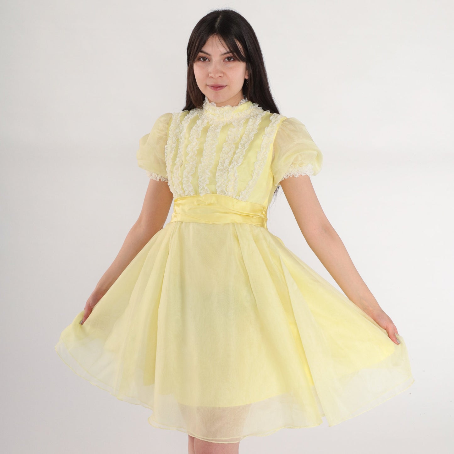 60s Yellow Mini Dress Empire Waist Puff Sleeve Lace Trim XXS