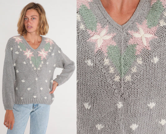 90s Grey Floral V-Neck Knit Sweater Pink Flower Pullover Large