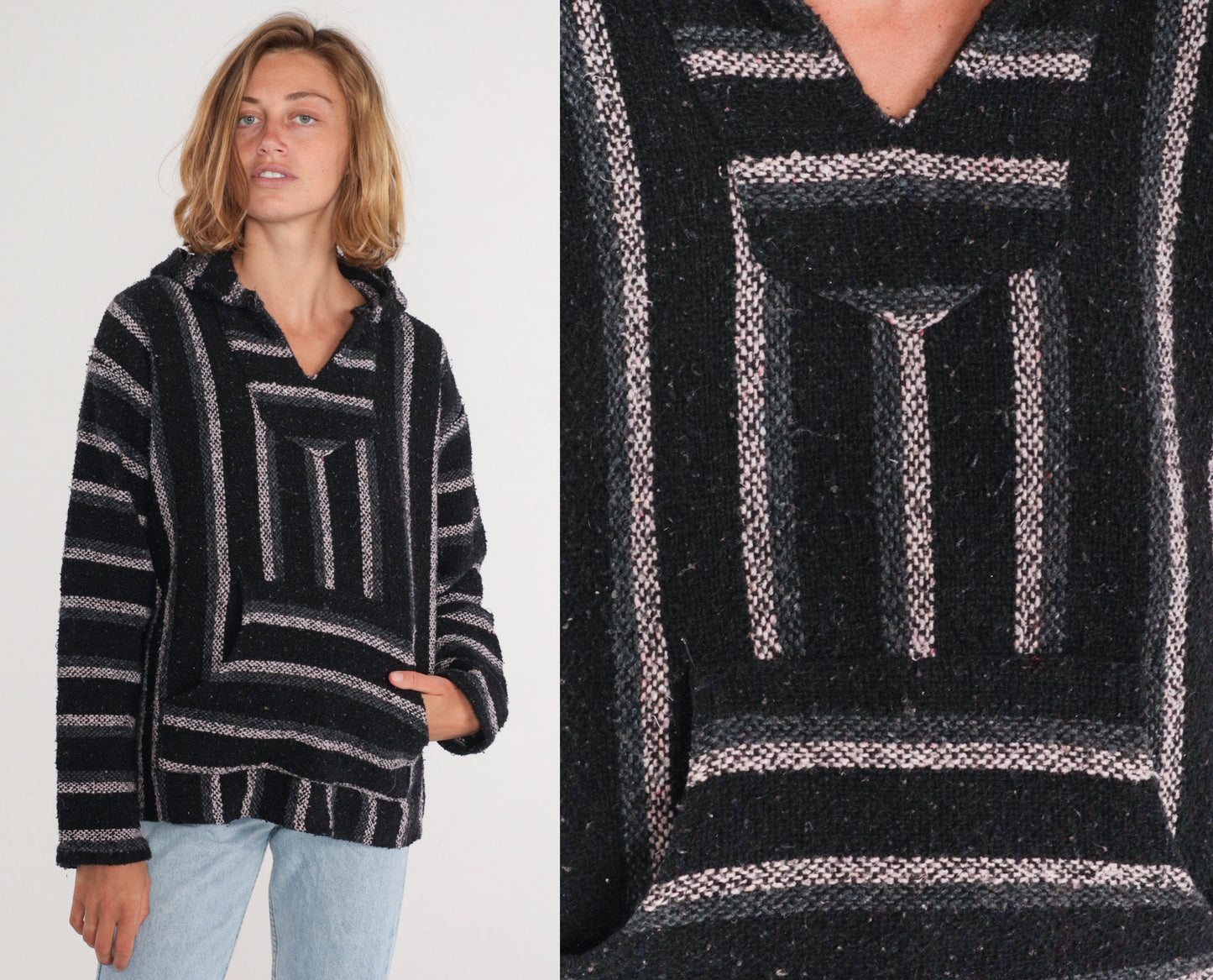 90s Mexican Baja Hoodie Black Grey White Striped Kangaroo Pocket Medium M