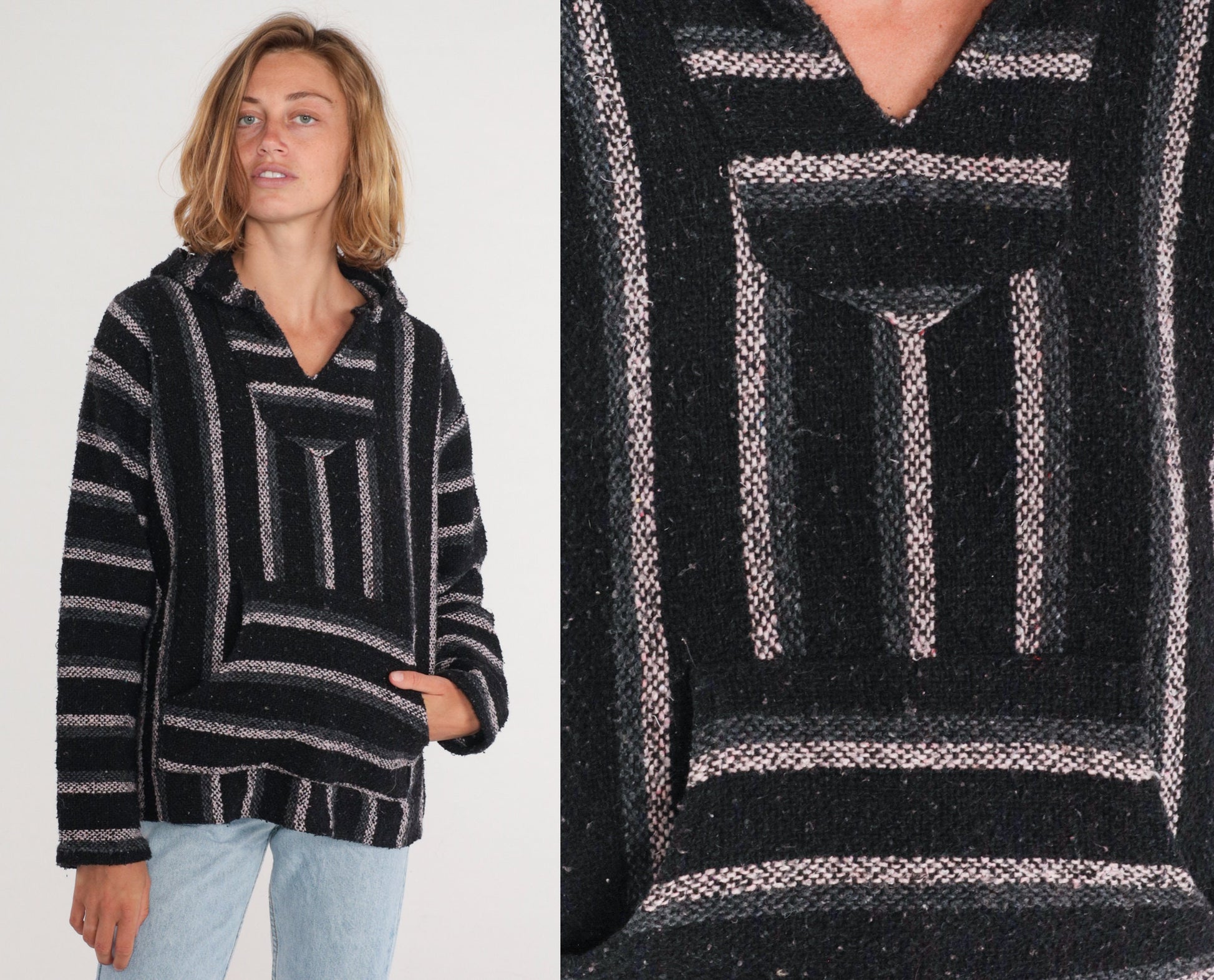 90s Mexican Baja Hoodie Black Grey White Striped Kangaroo Pocket Medium M
