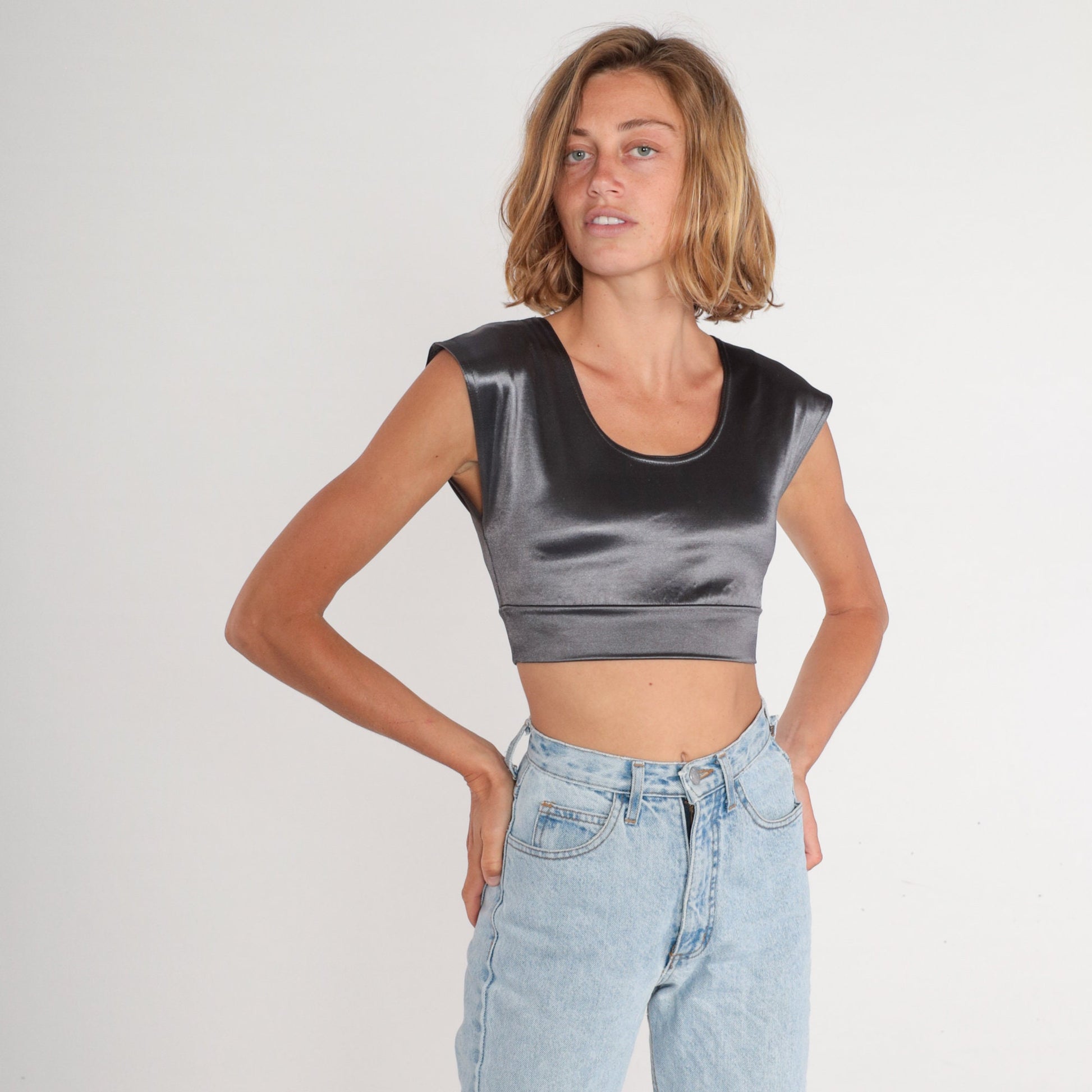 90s Contempo Casual Silver Metallic Crop Top Cap Sleeve Scoop Neck XS