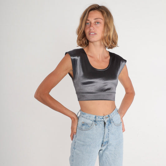 90s Contempo Casual Silver Metallic Crop Top Cap Sleeve Scoop Neck XS