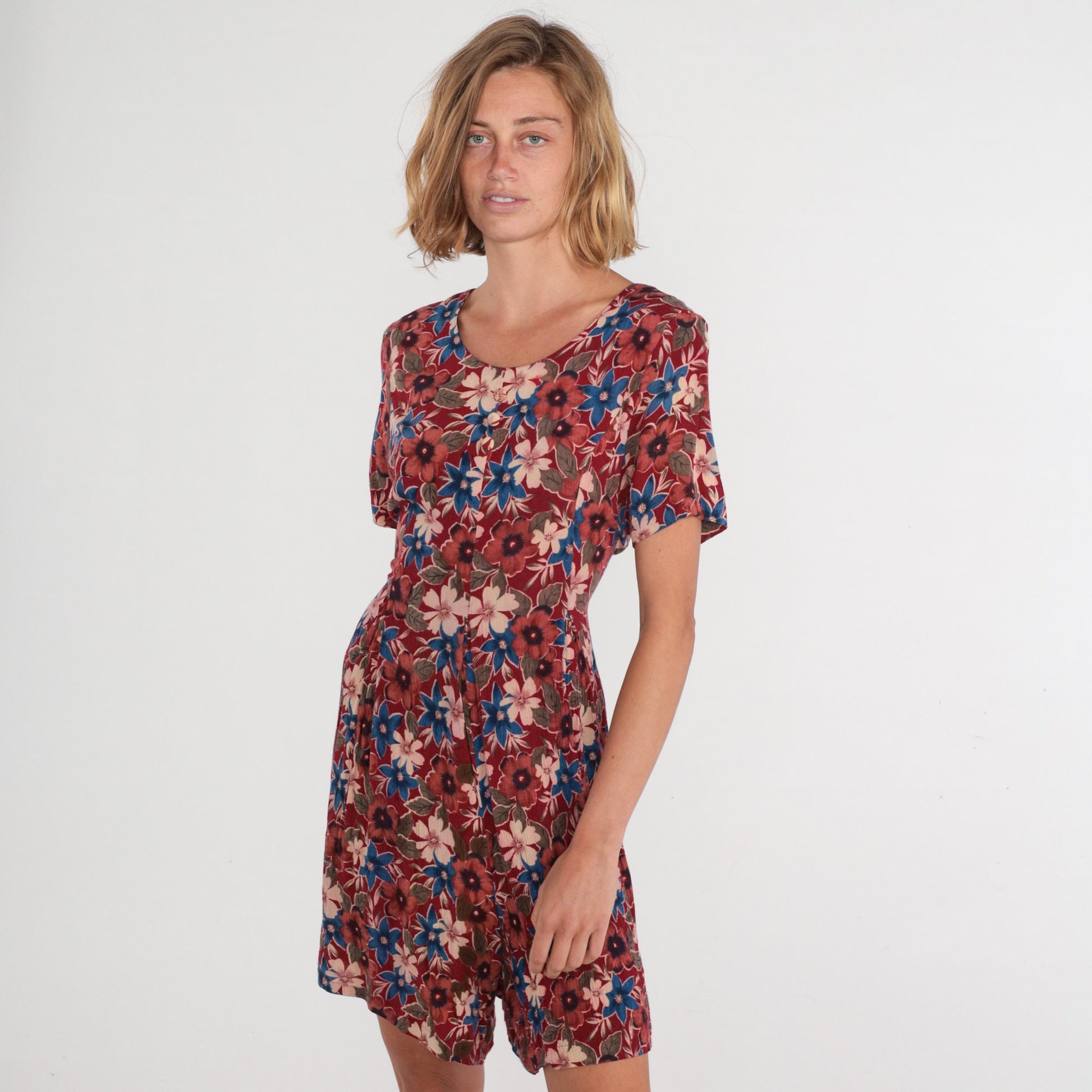 90s Karen Scott Red Floral Button-Up Romper Knee-Length Small S