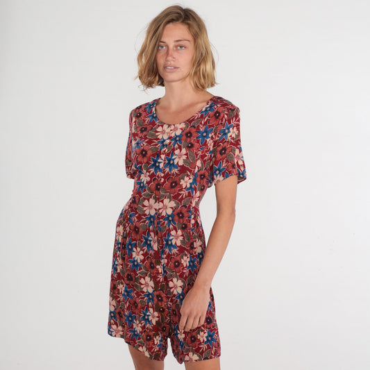 90s Karen Scott Red Floral Button-Up Romper Knee-Length Small S