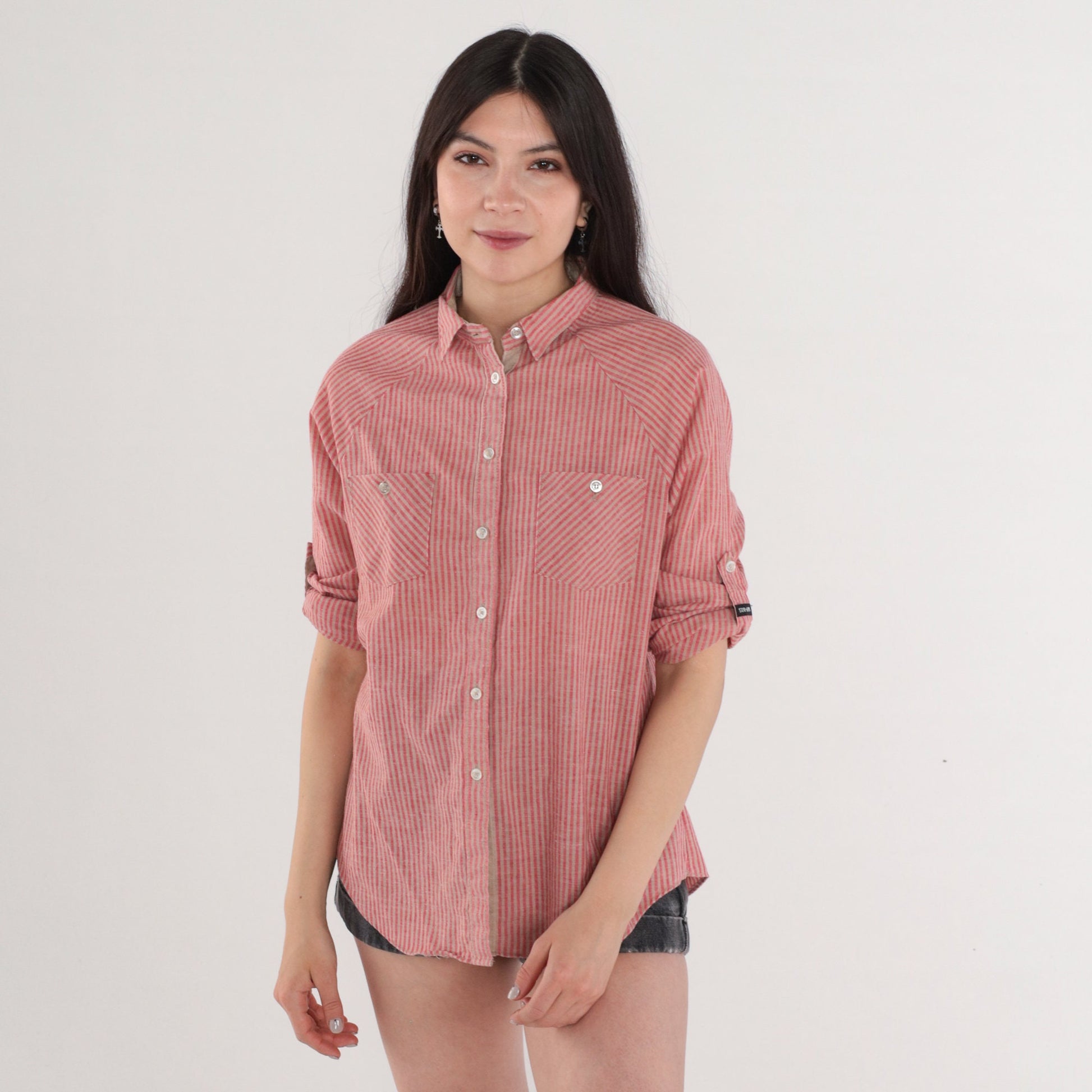 80s Striped Button-Up Blouse Red Tan Raglan Roll-Tab Cuff Small