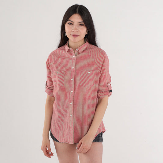 80s Striped Button-Up Blouse Red Tan Raglan Roll-Tab Cuff Small