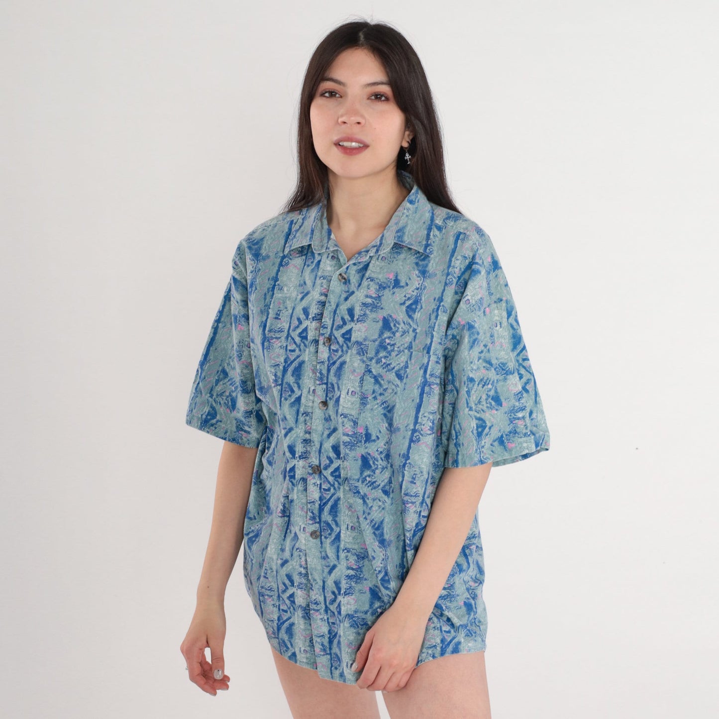 Y2K Anchor Blue Abstract Striped Button Up Shirt Men's Medium