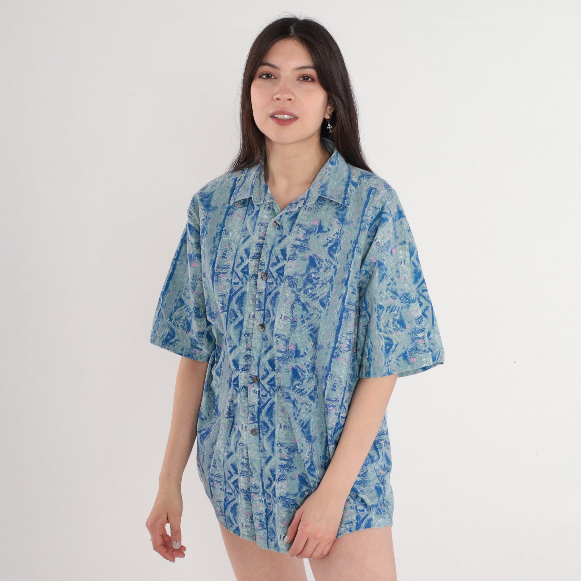 Y2K Anchor Blue Abstract Striped Button Up Shirt Men's Medium