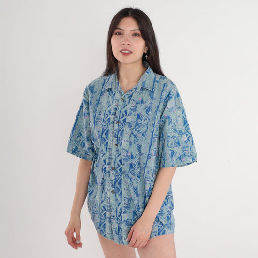 Y2K Anchor Blue Abstract Striped Button Up Shirt Men's Medium