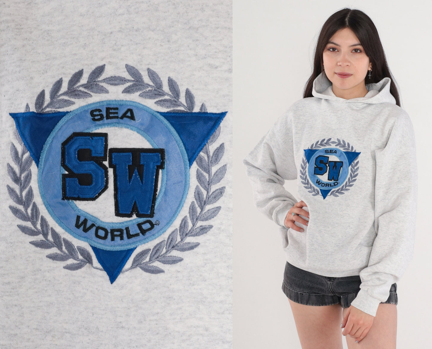 80s Sea World Hoodie Heather Grey Graphic Sweatshirt Men's Large