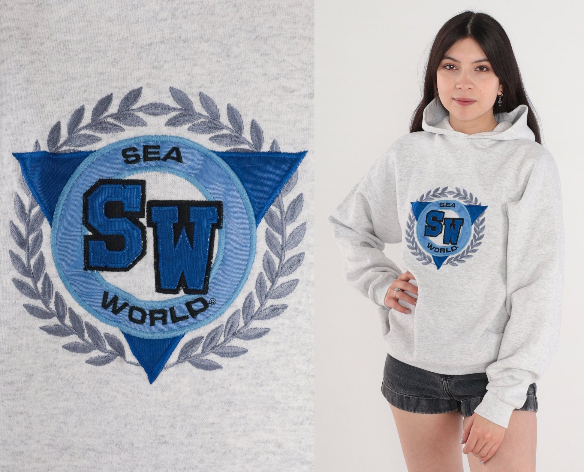 80s Sea World Hoodie Heather Grey Graphic Sweatshirt Men's Large