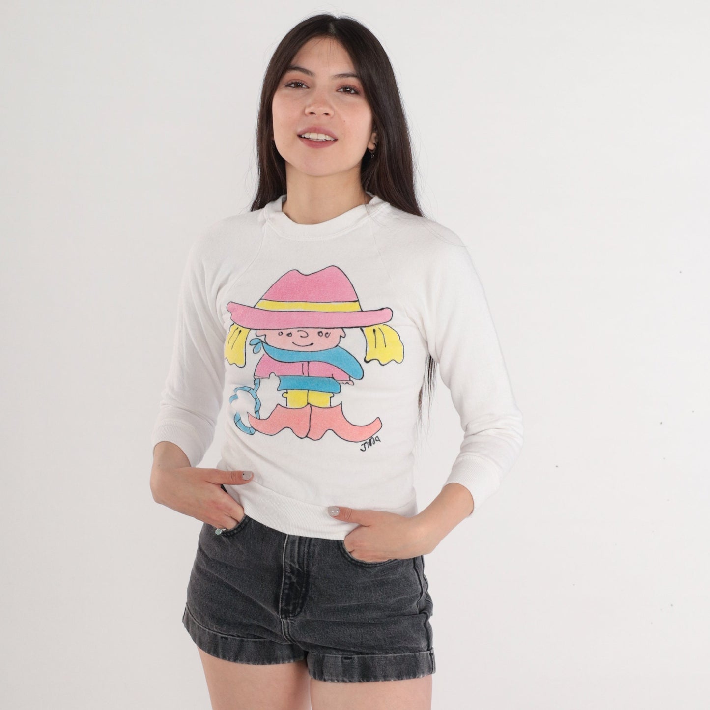 90s Jerzees Cowgirl Cartoon Graphic Sweatshirt White Raglan XXS