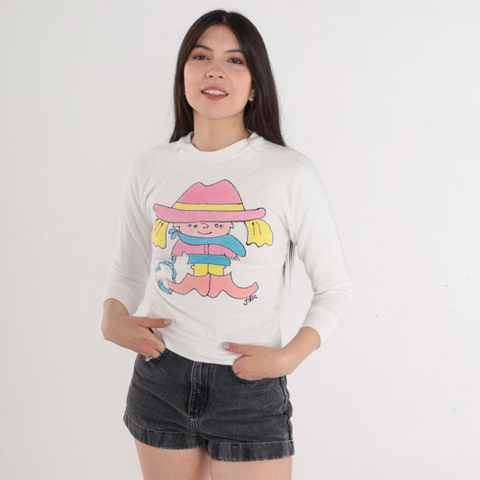 90s Jerzees Cowgirl Cartoon Graphic Sweatshirt White Raglan XXS