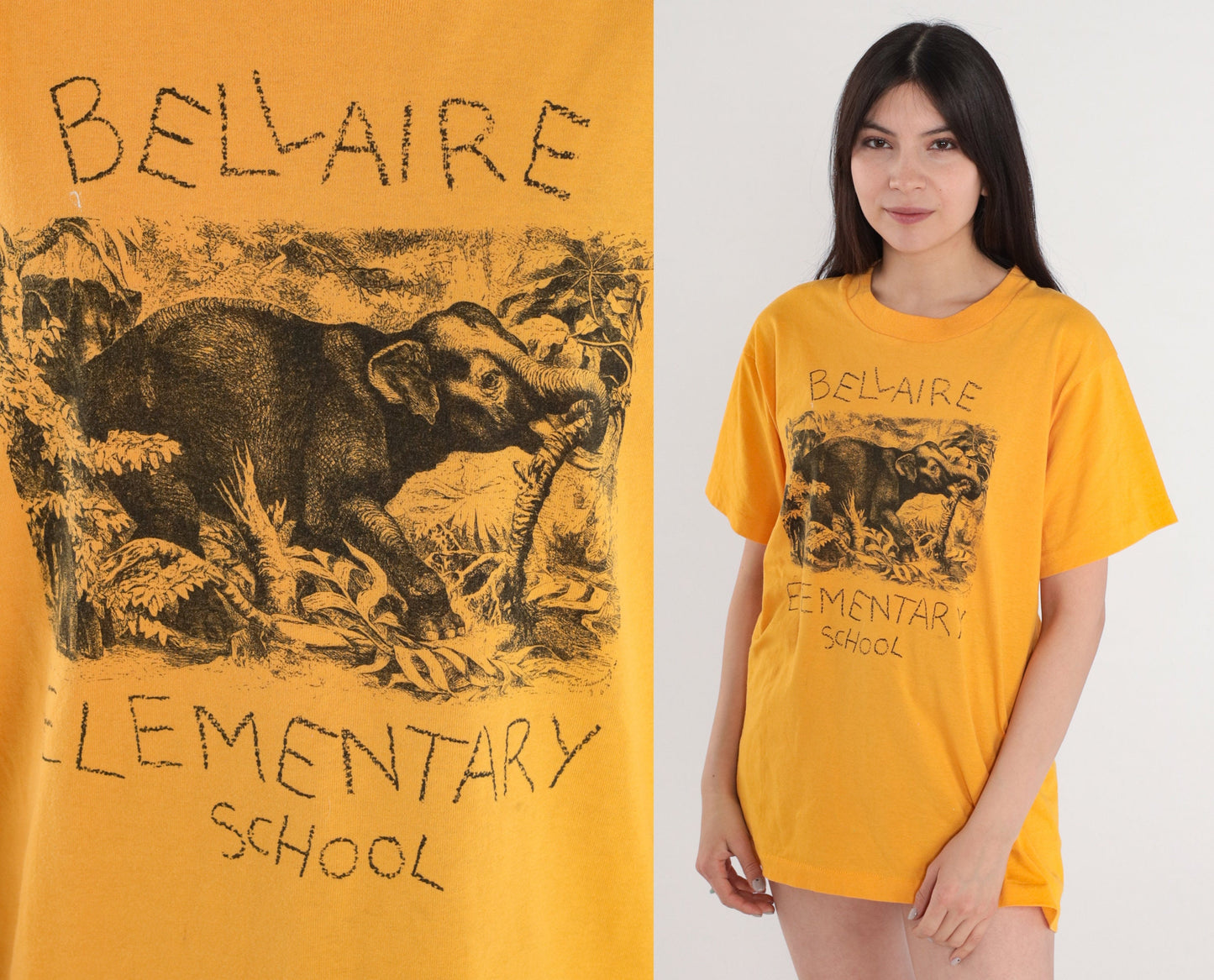 90s Bellaire Elementary School Yellow Elephant Graphic Tee Single Stitch Medium