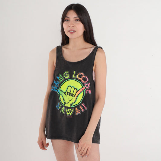 80s Hang Loose Hawaii Shaka Graphic Tank Top Black Neon Medium Large