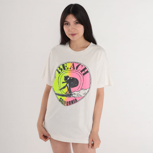 90s California Beach Surfer Graphic T-Shirt White Neon Single Stitch Large