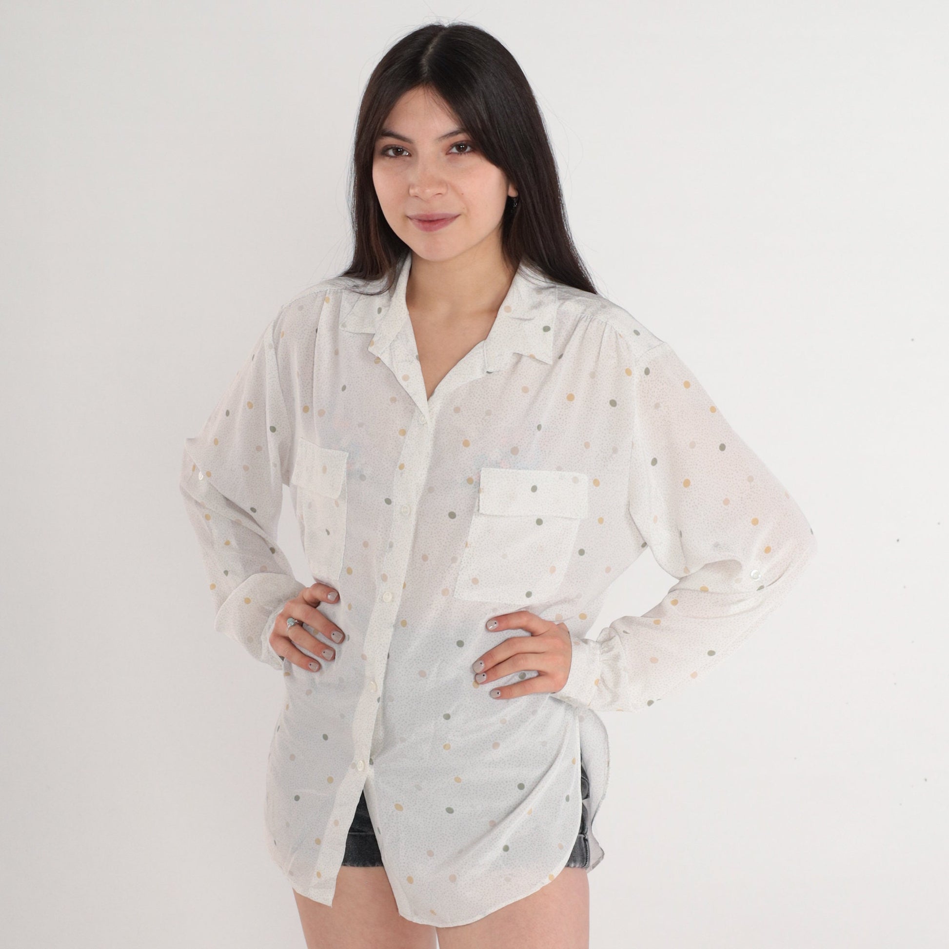 80s Polka Dot Button-Up Blouse White Semi-Sheer Long Sleeve Collared Shirt Extra Large XL