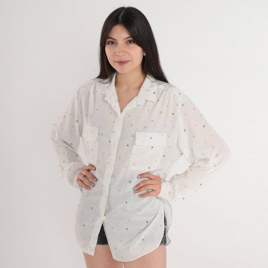 80s Polka Dot Button-Up Blouse White Semi-Sheer Long Sleeve Collared Shirt Extra Large XL