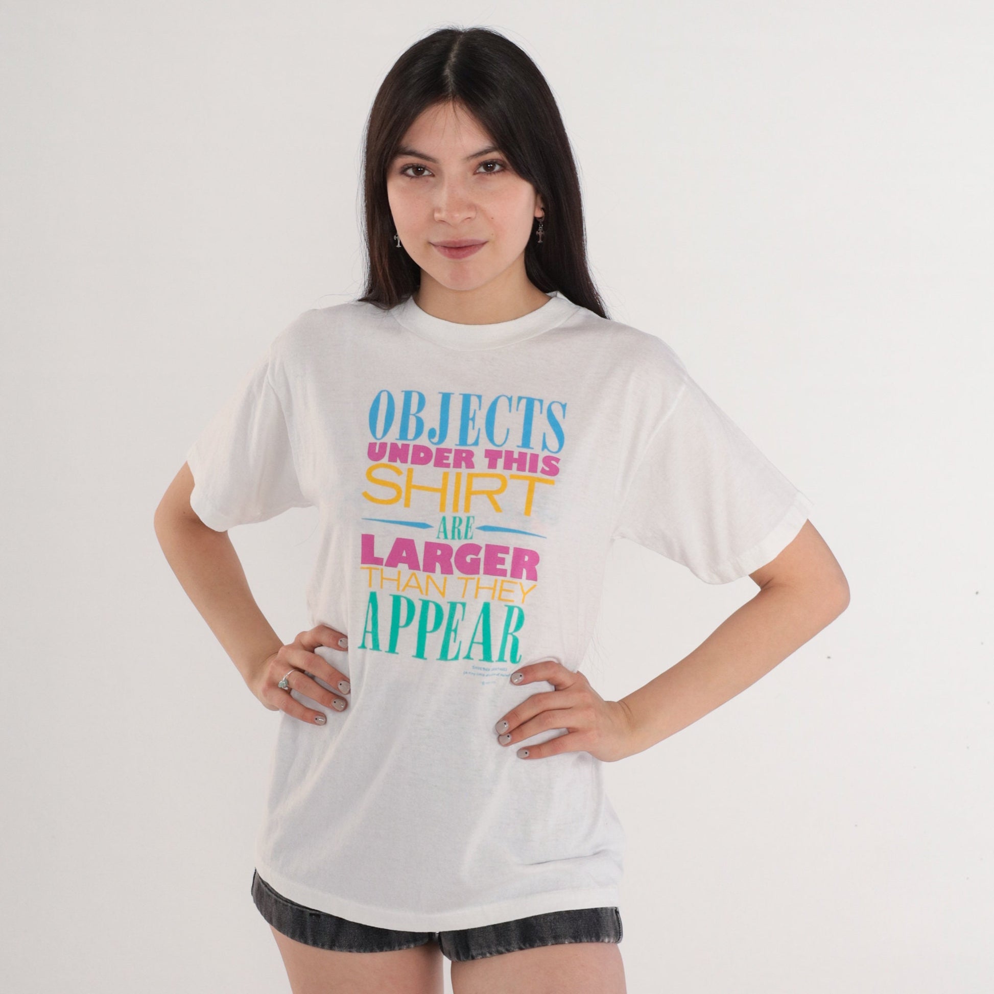 90s Objects Under This Shirt are Larger Than They Appear Graphic Tee White Small