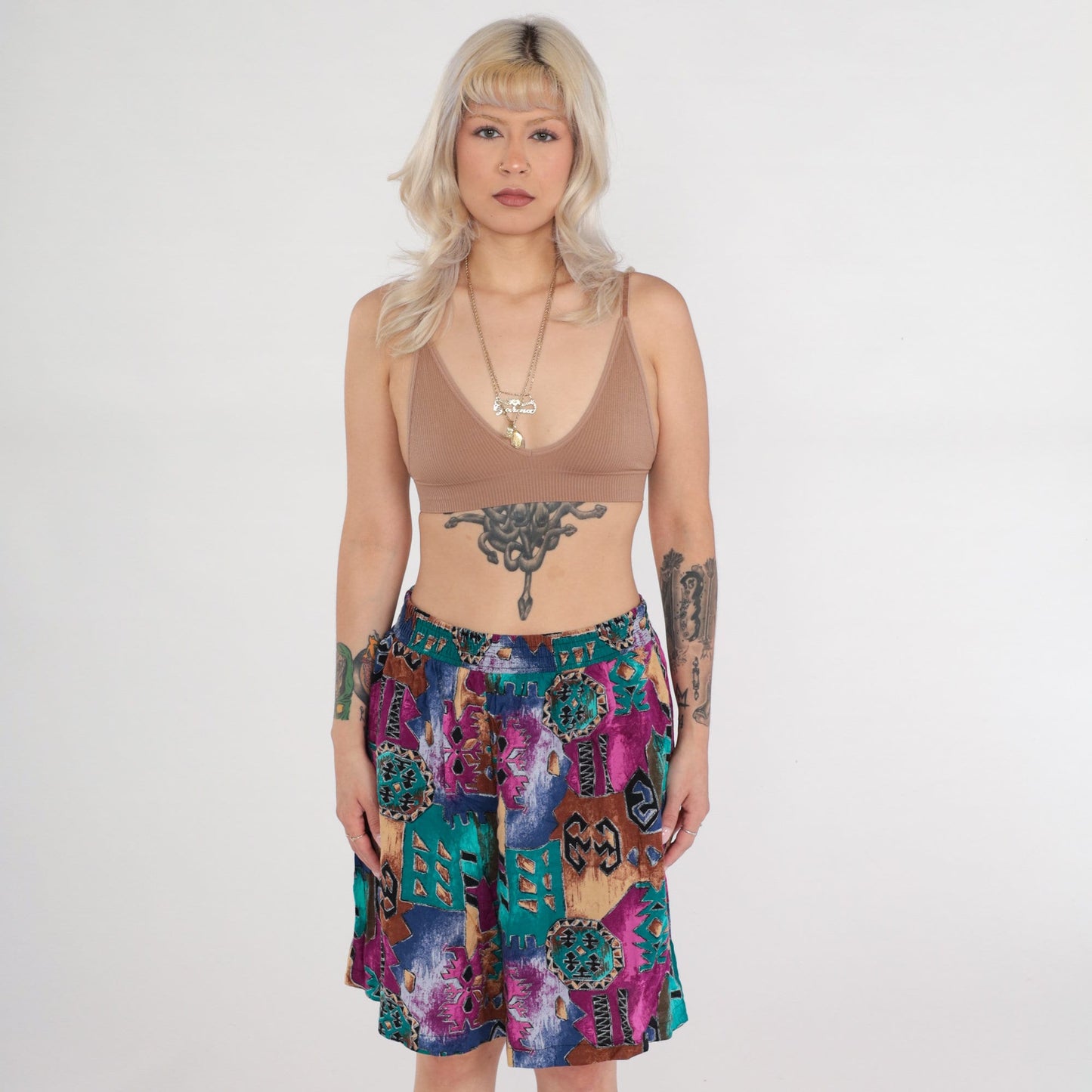 90s Abstract Geometric Print High-Waist Shorts Wide Leg Pink Green Medium Large