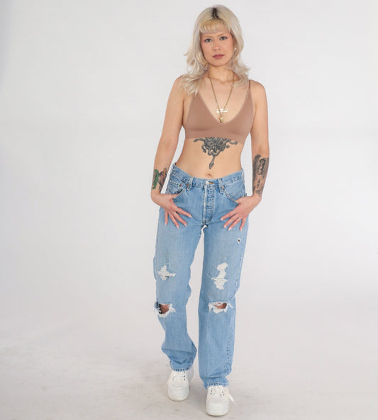 00s Levi's 501 Straight Leg Jeans Blue Denim Ripped Knees 32x34