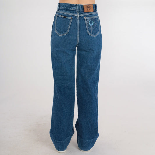80s Union Gap Ultra High Rise Wide Leg Jeans Dark Wash Embroidered Sun Small 28