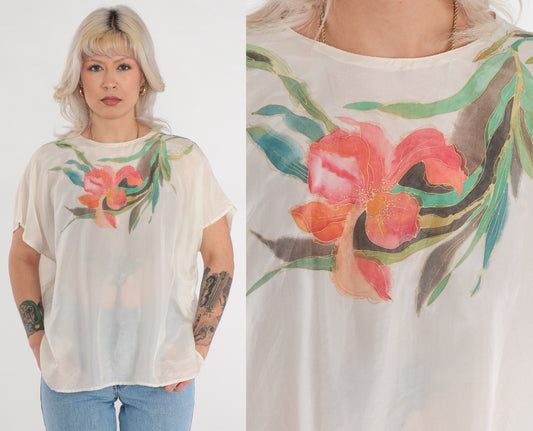 80s Iris Flower Silk Blouse Cream Semi-Sheer Short Sleeve Shirt Large